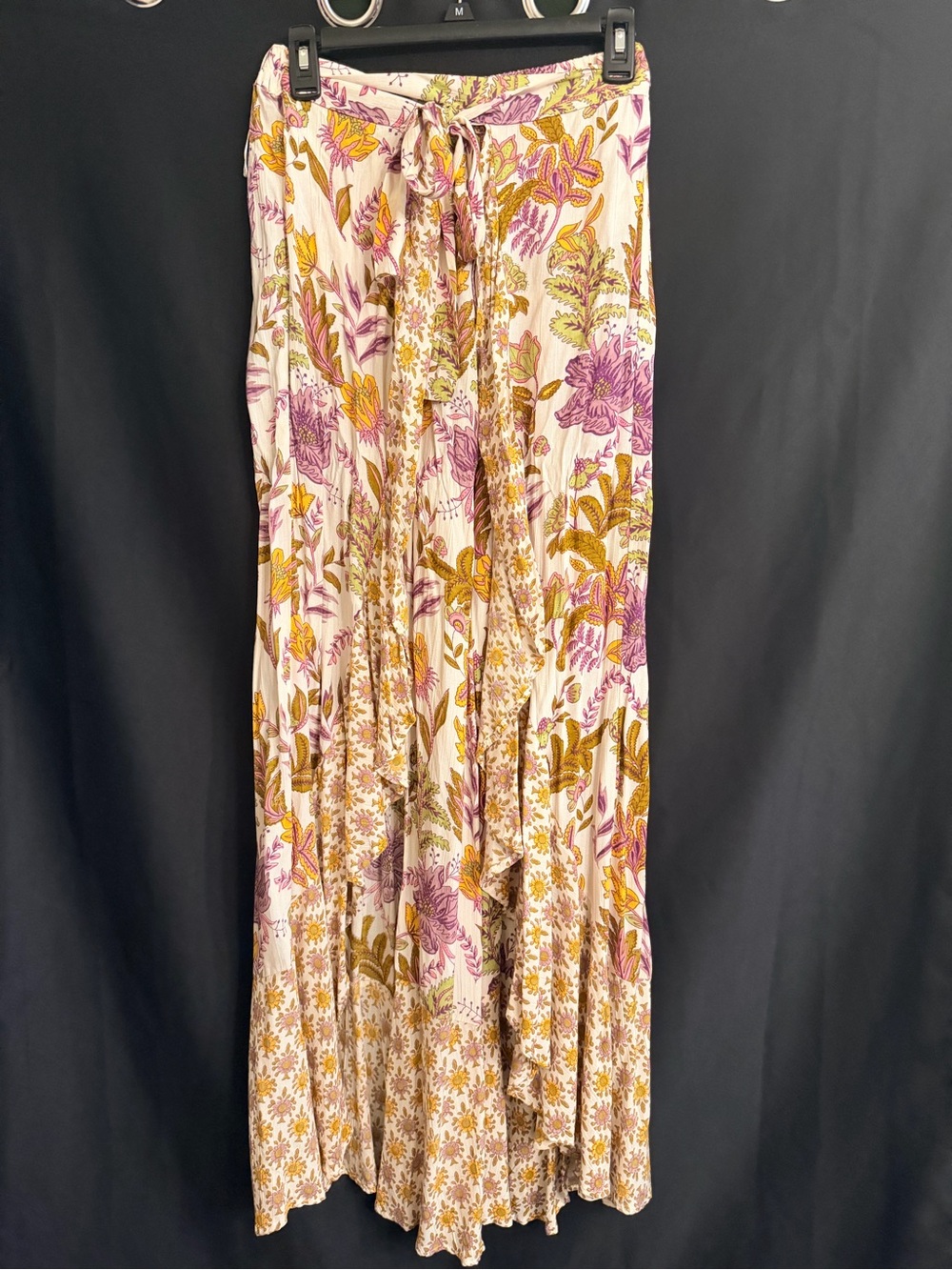 Angie Floral Wide-Leg Wrap Pants With Tie in Cream, Pink & Gold Size L